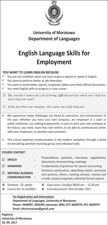 English Language Skills for Employment - Department of Languages - University of Moratuwa